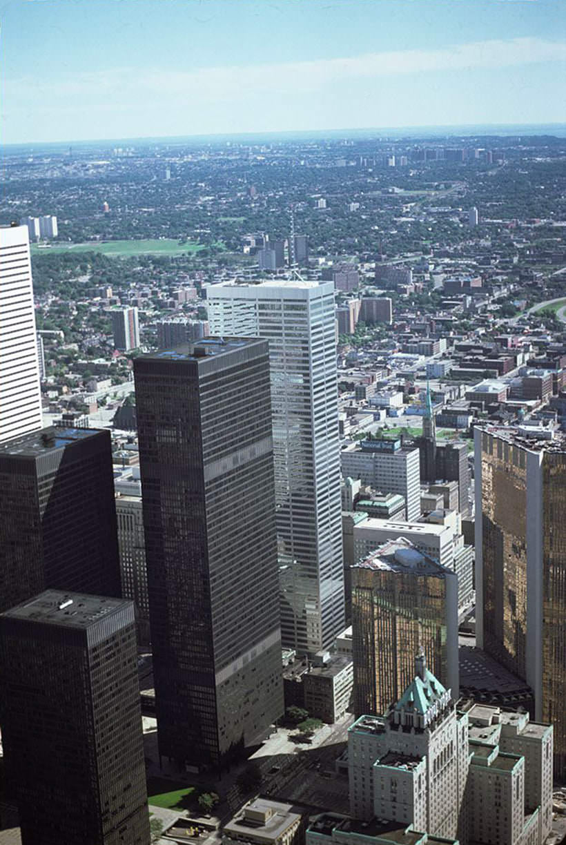 TD Centre, Commerce Court, Royal York Hotel, etc., view looking north east from C.N. Tower, Aug. 1976.