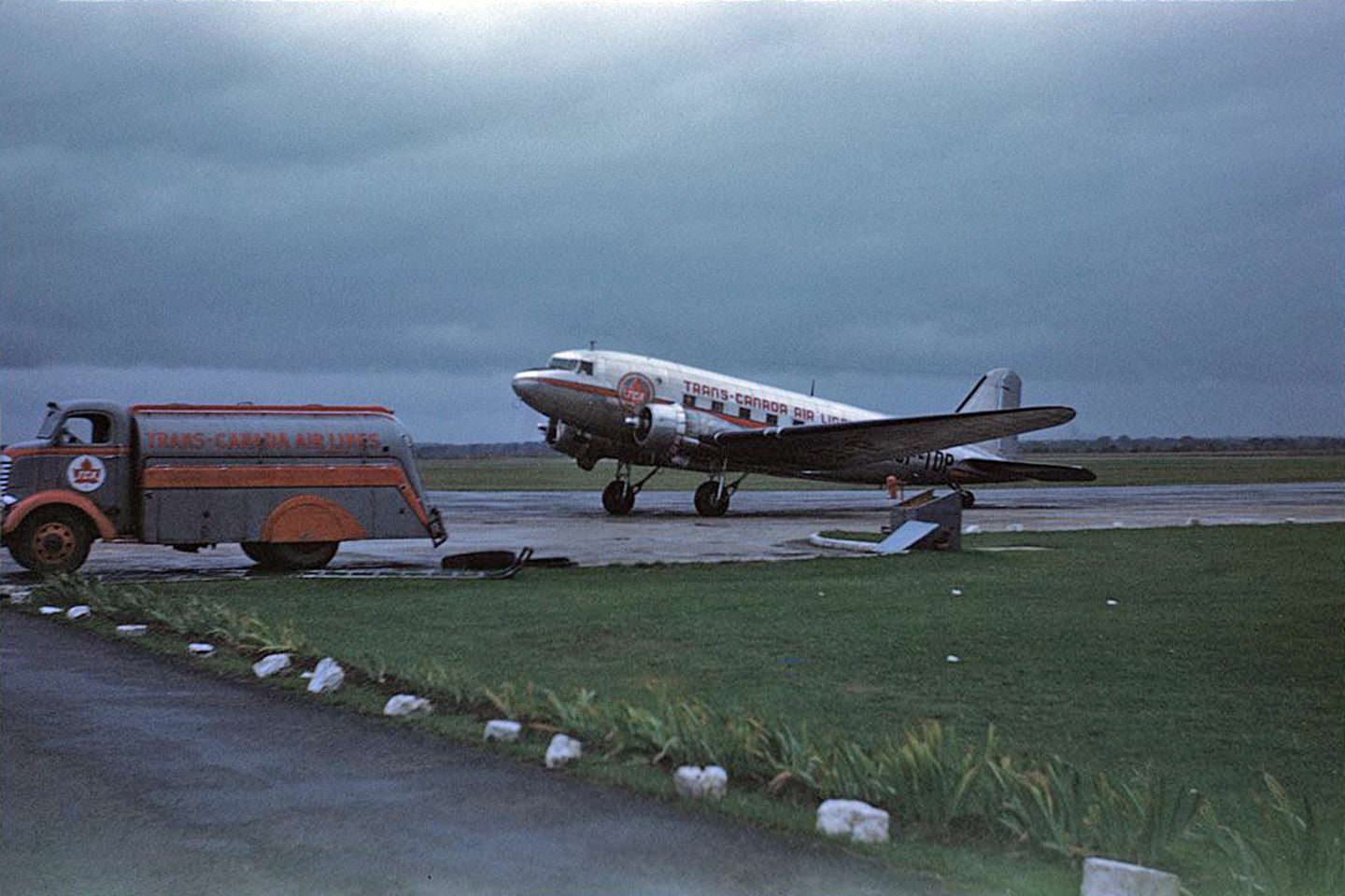 Trans Canada Airlines DC-3 passenger plane revs its engines at Malton Airport, Sept, 1946.