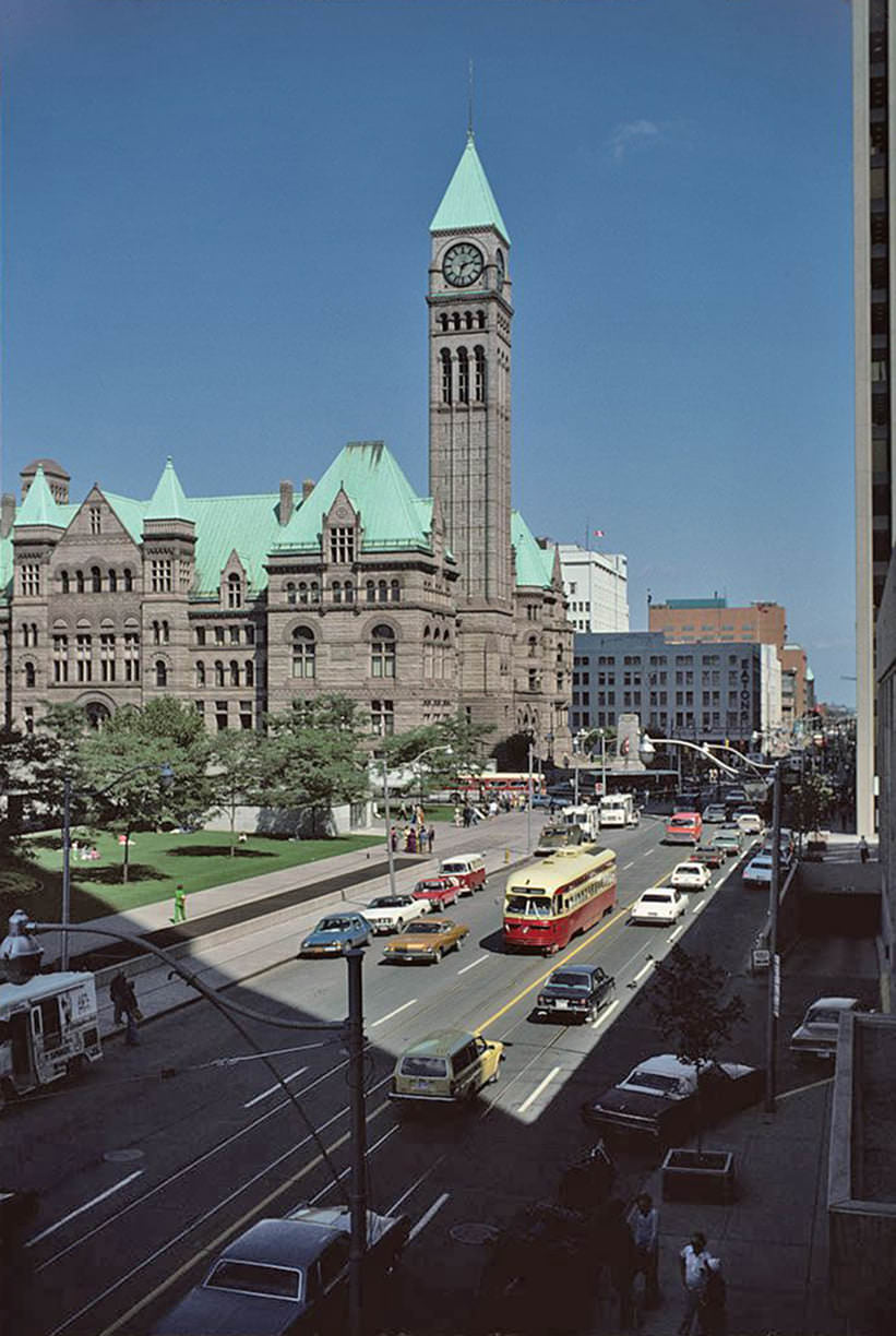 Looking east to Old City Hall along Queen St. W., Sept. 1975.