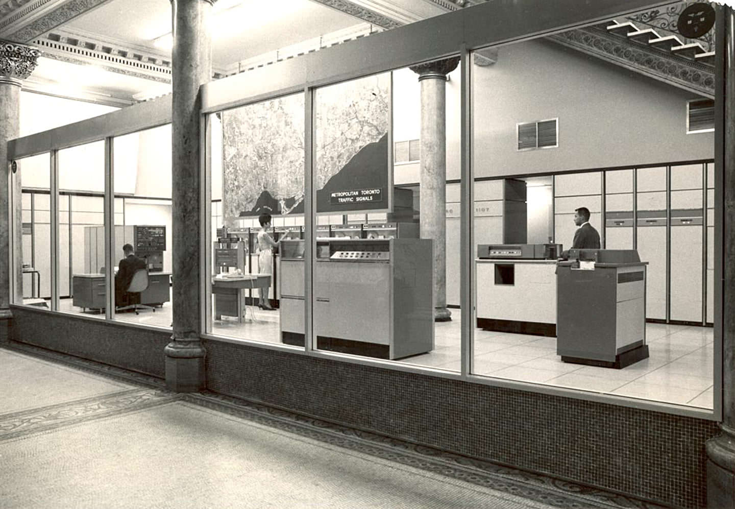 Metropolitan Toronto Traffic Computer Control Centre, general view of working area, Old City Hall, 1963