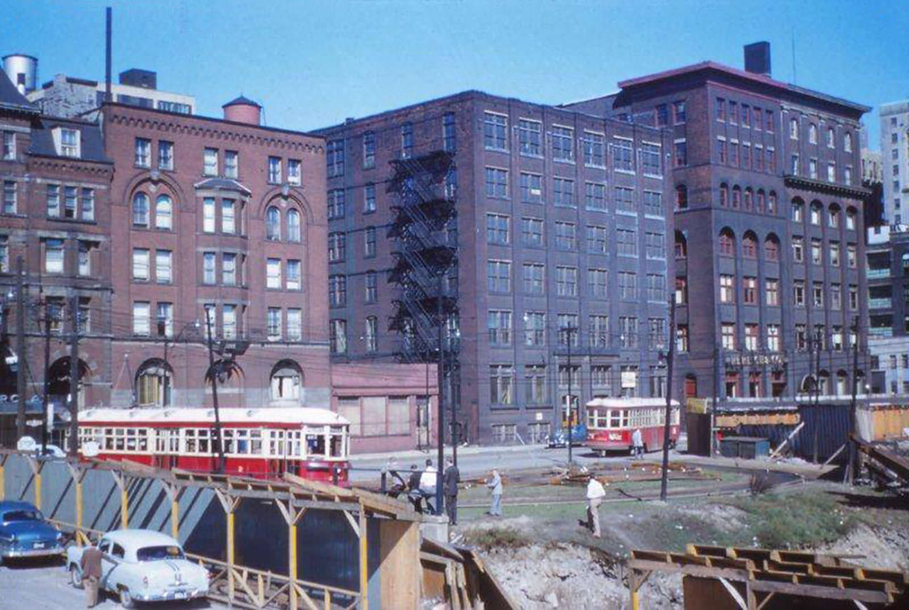 Simcoe St. and Front St., looking north east, 1952.