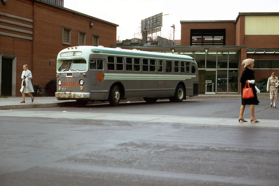 Gray coach bus at st clair stn rear exit. Training bus - Credit Leonard Jacks‎, 1972