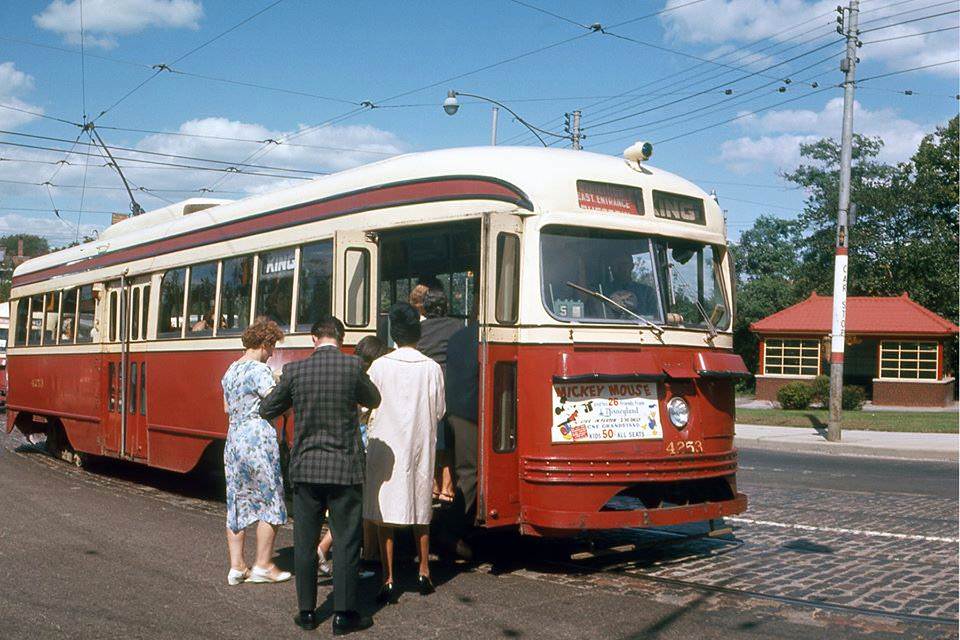 Parliament and Bloor st. Streetcar coming off of bloor st to CNE, 1965