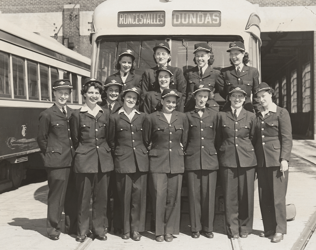 Group of women TTC drivers and operators in front of streetcar. This picture was taken shortly before their employment with the TTC ended due to the men coming back from W.W. II - April 1946