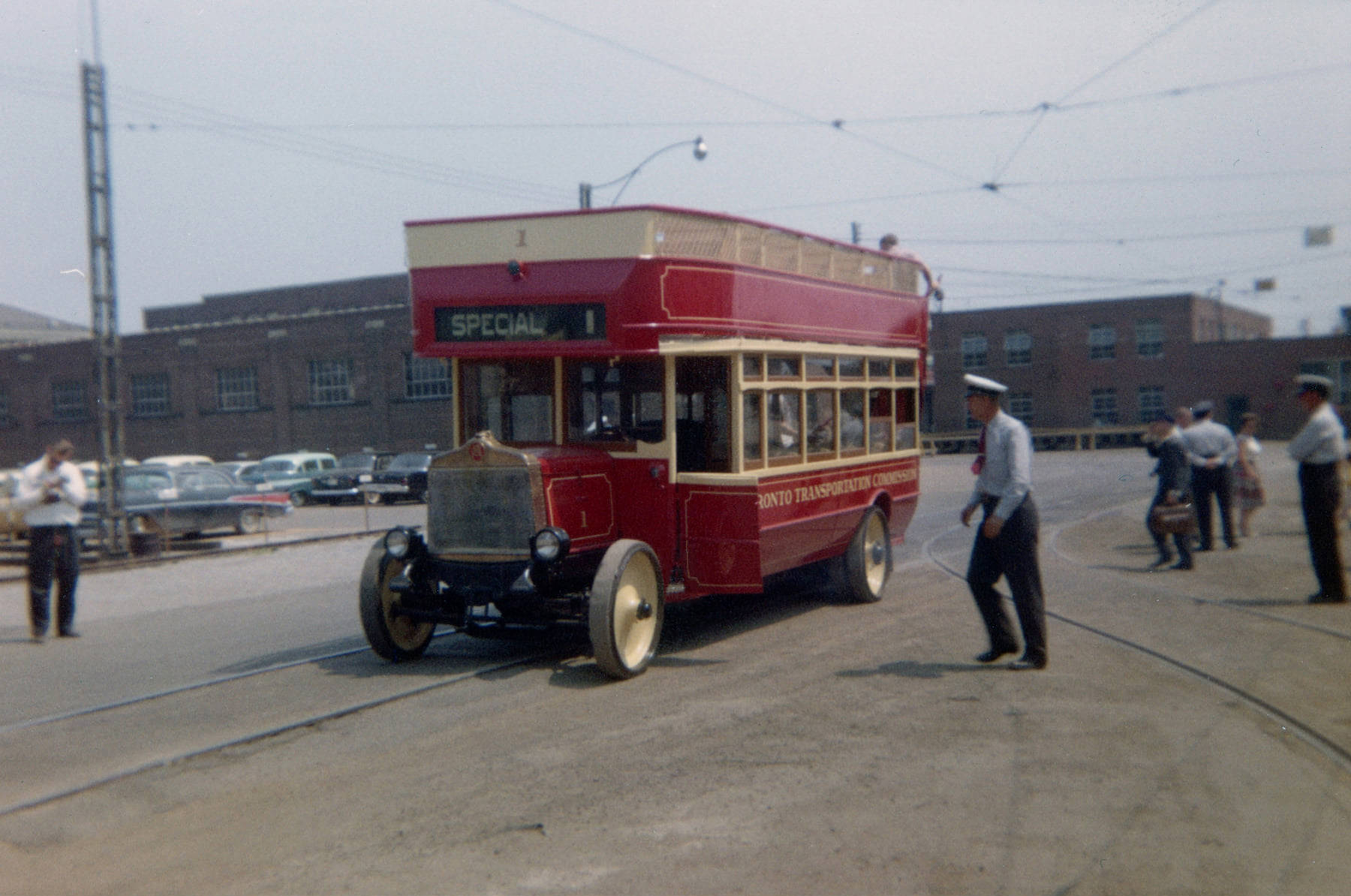 TTC double-decker bus No. 1, on special excursion. Photo taken in front of the TTC's Hillcrest Shops in Toronto, 1980s