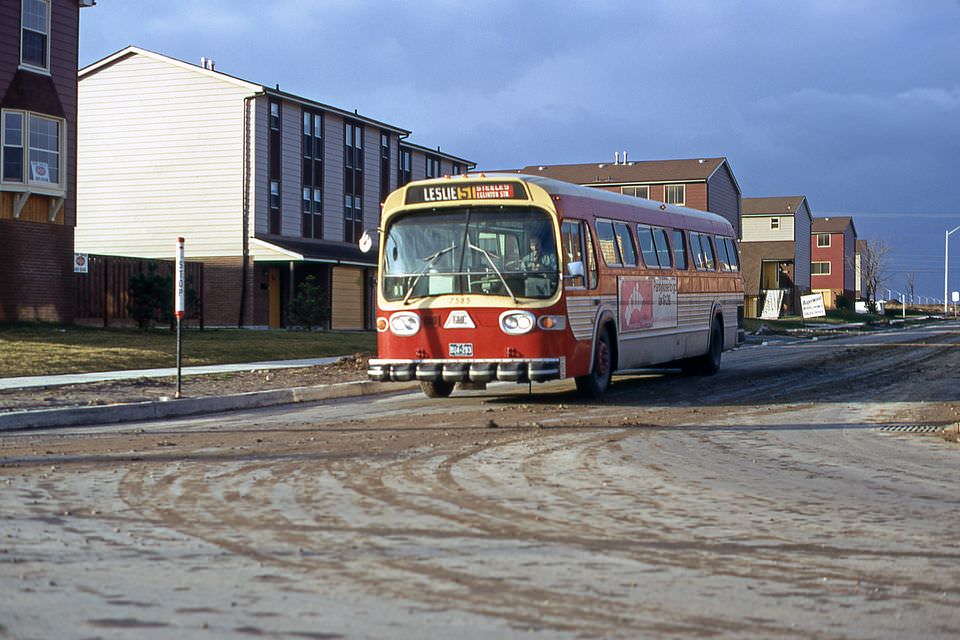 Leslie bus at freshmeadow st. Near don mills and steeles, 1973