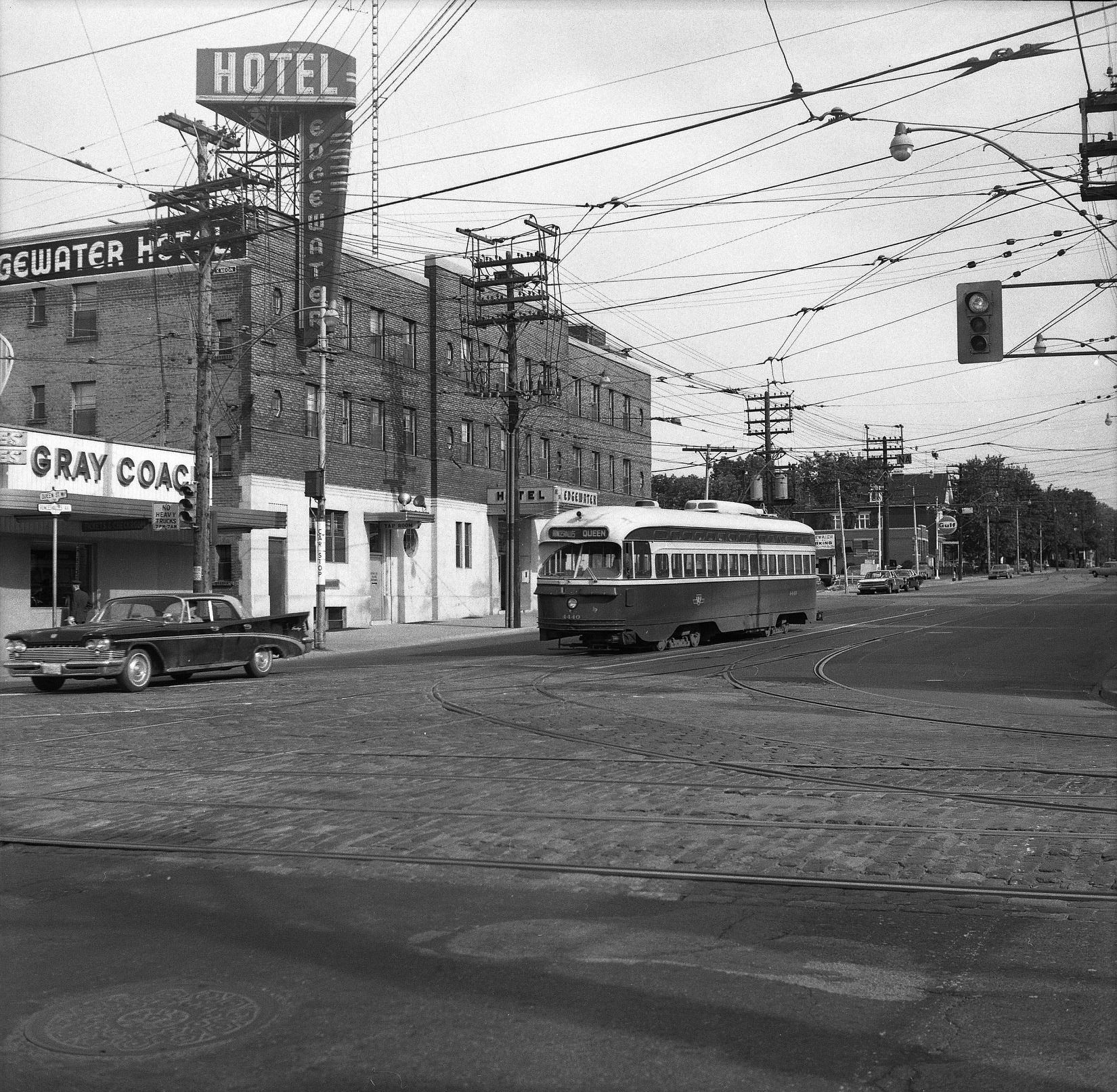 TTC Streetcar 4440 Kingston line Southbound on Roncesvalles about to turn east on Queen Street West - 13 July 1970.