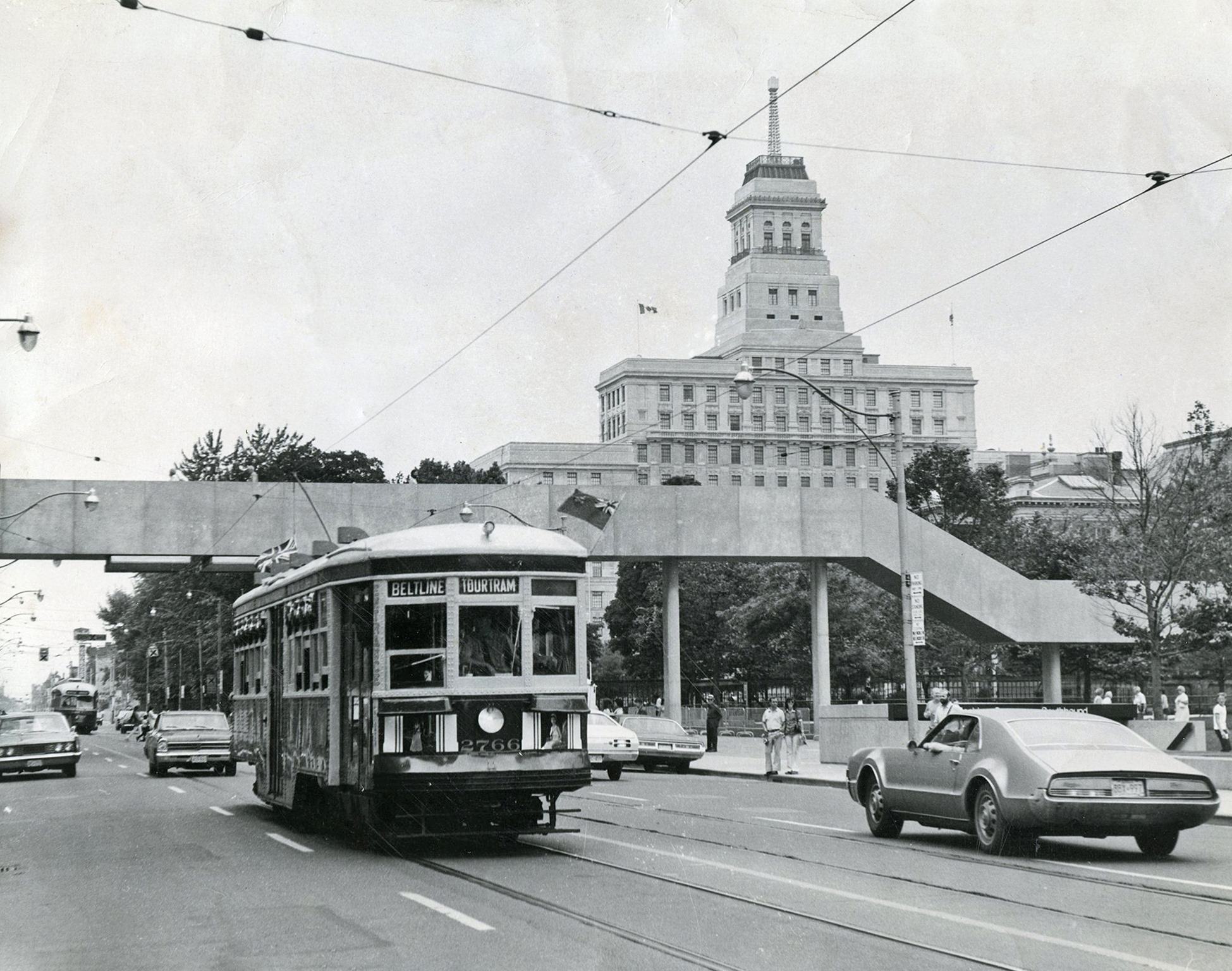 TTC Streetcar 2766 travelling eastbound on Queen Street West, near Bay Street, July 1973.