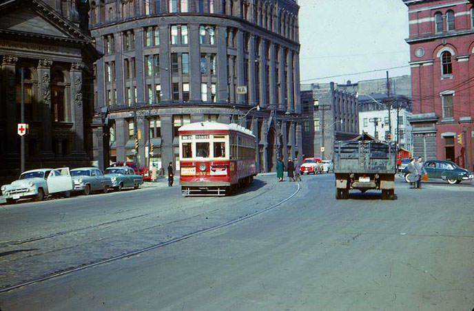 TTC Streetcar 2572 heading westbound Front & Yonge 18 Mar 1954.