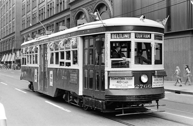 Old school streetcar on Queen Street between Yonge and Bay, summer of 1975.