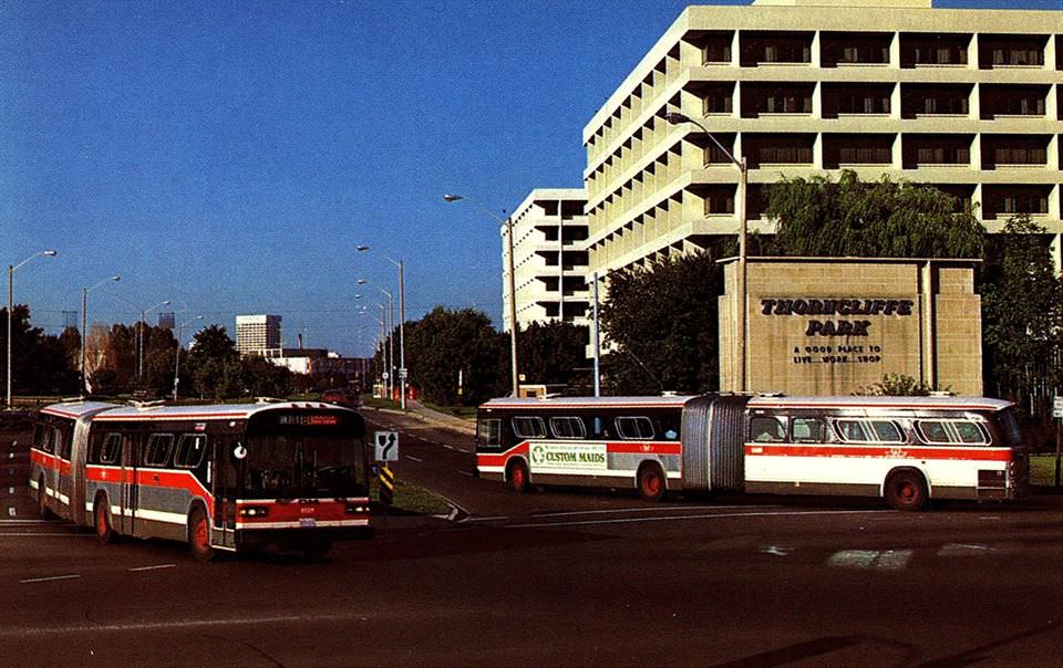 Ted Wickson shot of some brand new Toronto Transit Commission General Motors Diesel Division articulated buses at Thorncliffe Park around 1982.