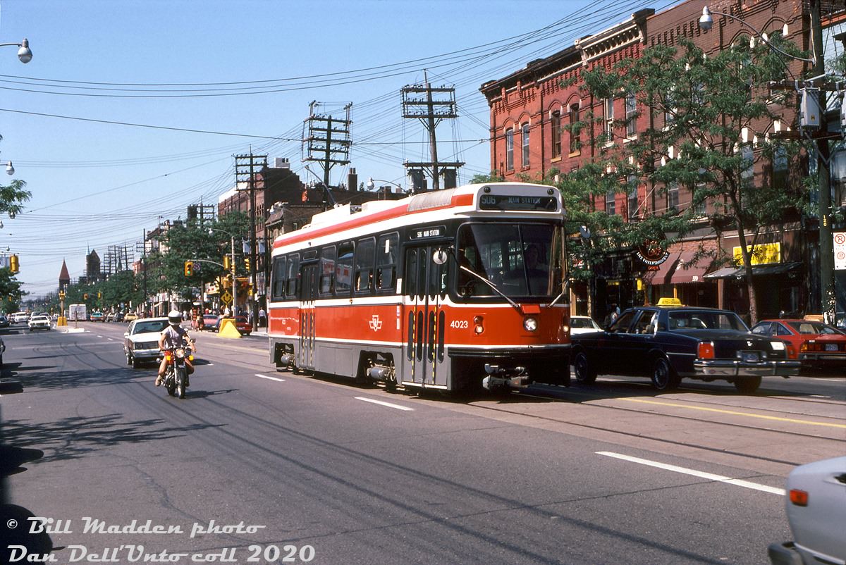 A hot afternoon in early September 1983 when the CLRV streetcars were just a few years old finds TTC 4023 heading eastbound on College past Major (west of Spadina), operating on the Rt.506 Carlton.