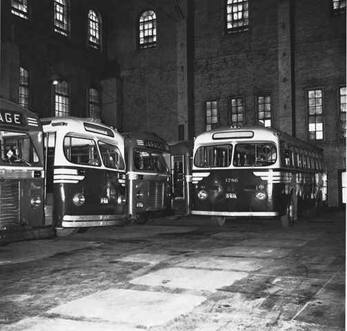 TTC Prevost buses. Parked inside Young peoples Theatre when TTC owned the bldg., 1954