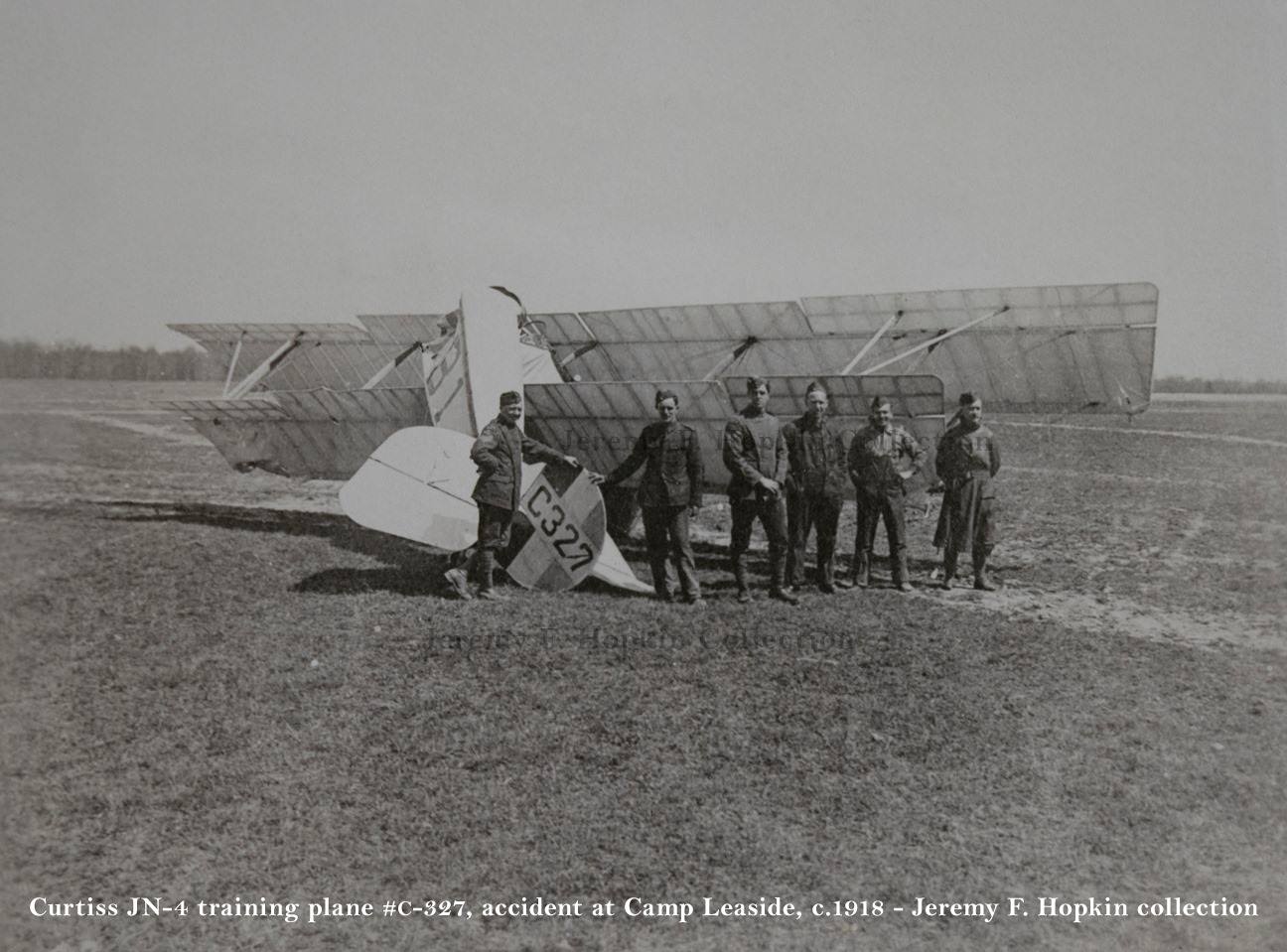 R.A.F. (Canada) training plane C327, its tail broken during an accident at Camp Leaside, 1918. The camp was located at Laird Drive & Wicksteed Ave., within today’s Leaside neighborhood in Toronto.