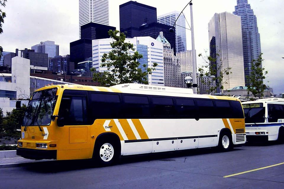 Dallas Area Rapid Transit (Dart) bus in Toronto on a American Public Transit Association convention in 1998 along with other demonstrator buses.