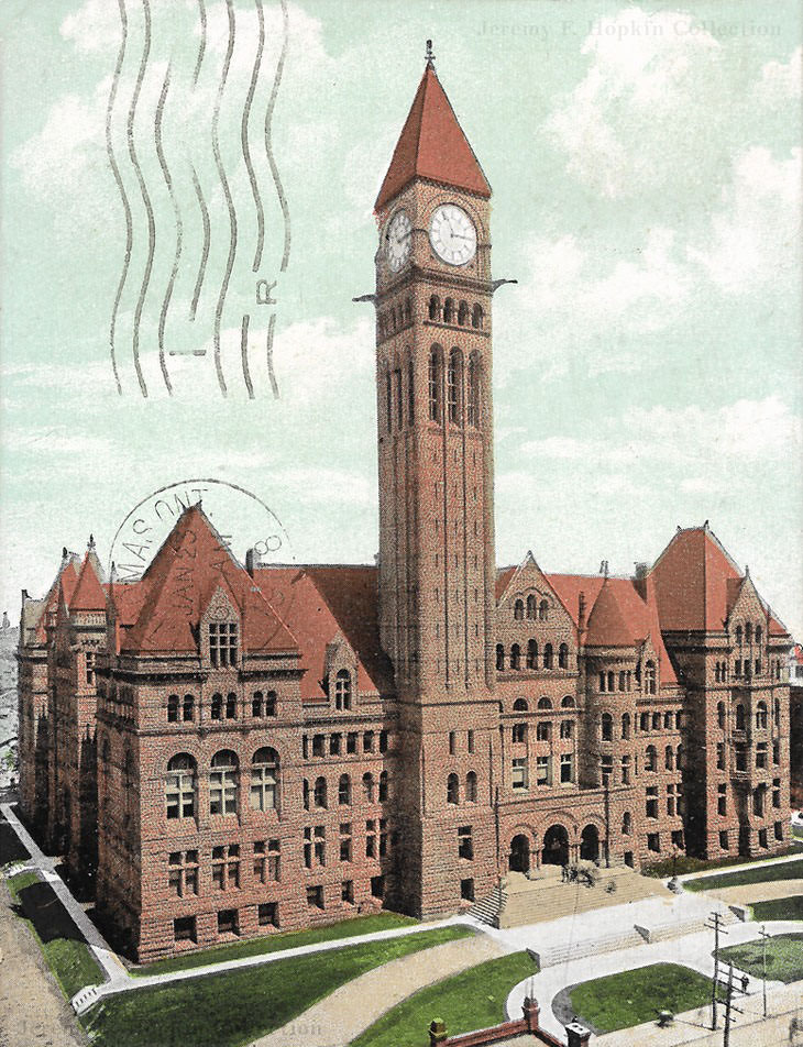 Valentine & Sons postcard of Old City Hall, postmarked Jan. 22, 1908. This was Toronto's third city hall, home of the Toronto City Council from 1899 to 1966.