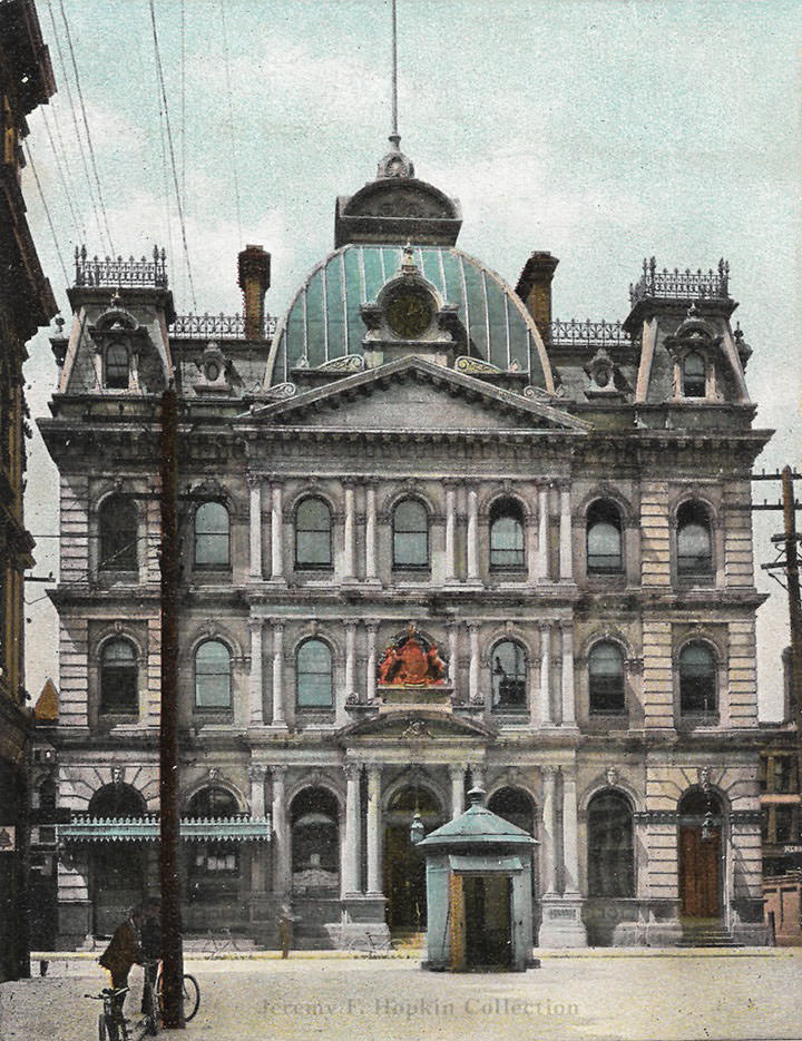 Post Office (1873-1960), Adelaide Street. E., north side, opposite the head of Toronto Street. Post card by W.G. MacFarlane, 1900s.