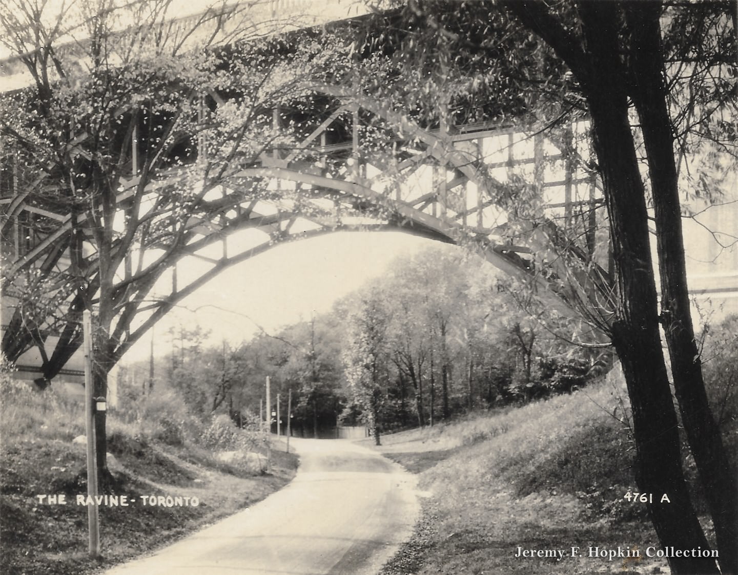 Looking north on Rosedale Valley Rd., underneath the Bloor St. E. viaduct, 1920.