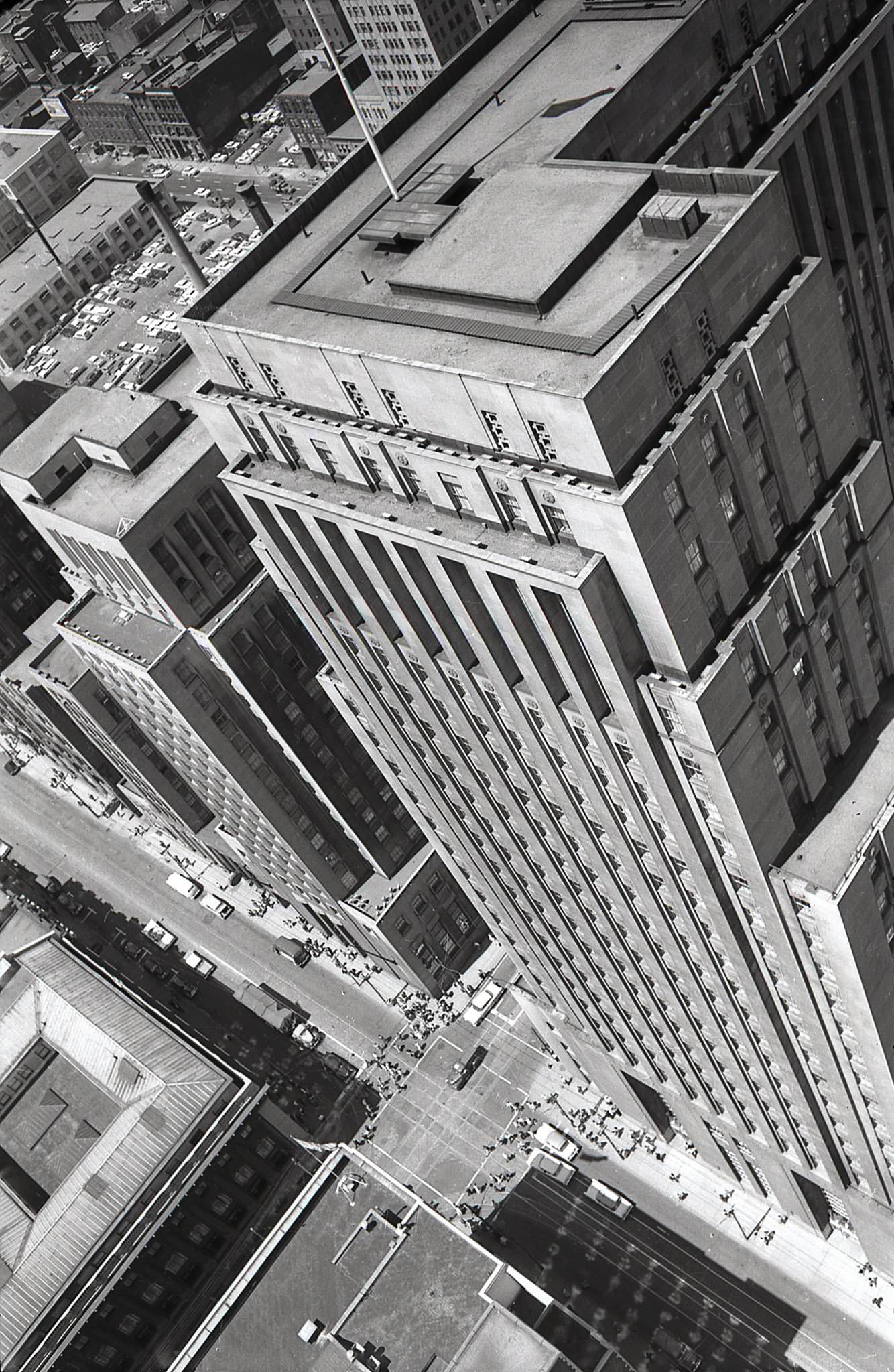 An interesting view of King & Bay, looking down from the top of the Canadian Bank of Commerce building, 1970s