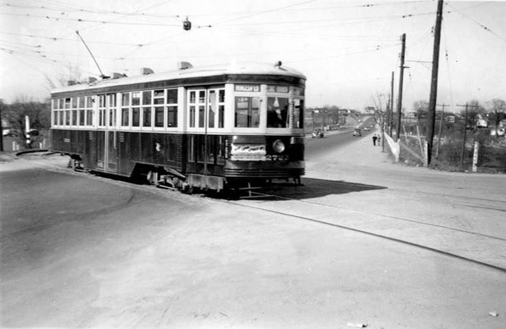 TTC streetcar going into wartime Small arms loop, 1945