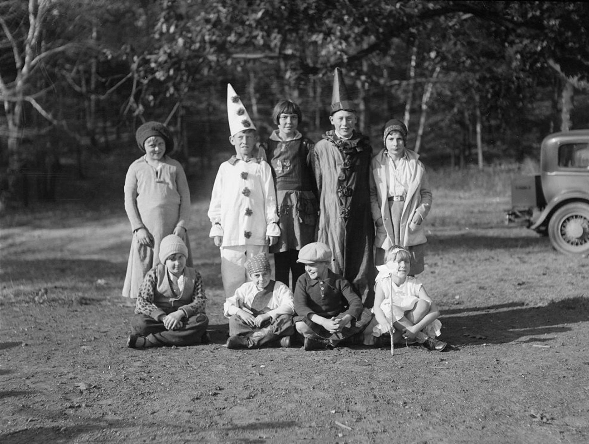 Victoria Park Forest School, Halloween party, group of nine, October 28, 1929.