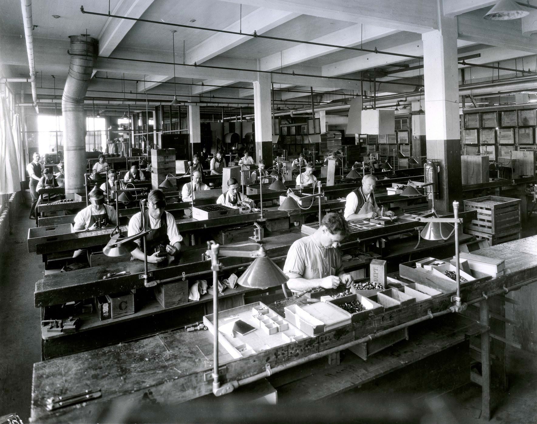 Camera assembly area inside 'Kodak Heights' factory, 1923.