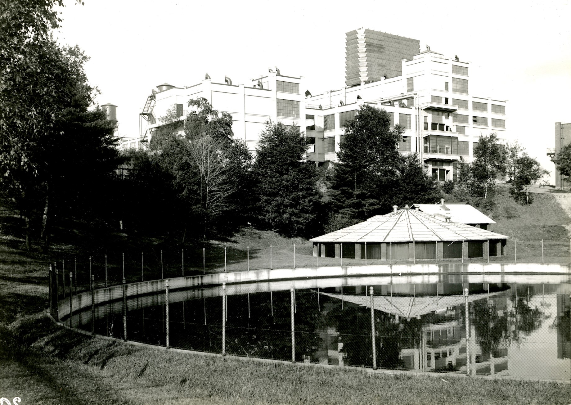 Kodak Heights Pond, 1916. Kodak of Canada headquarters, Eglinton Ave. W. & Weston Rd., Mount Dennis, Toronto.