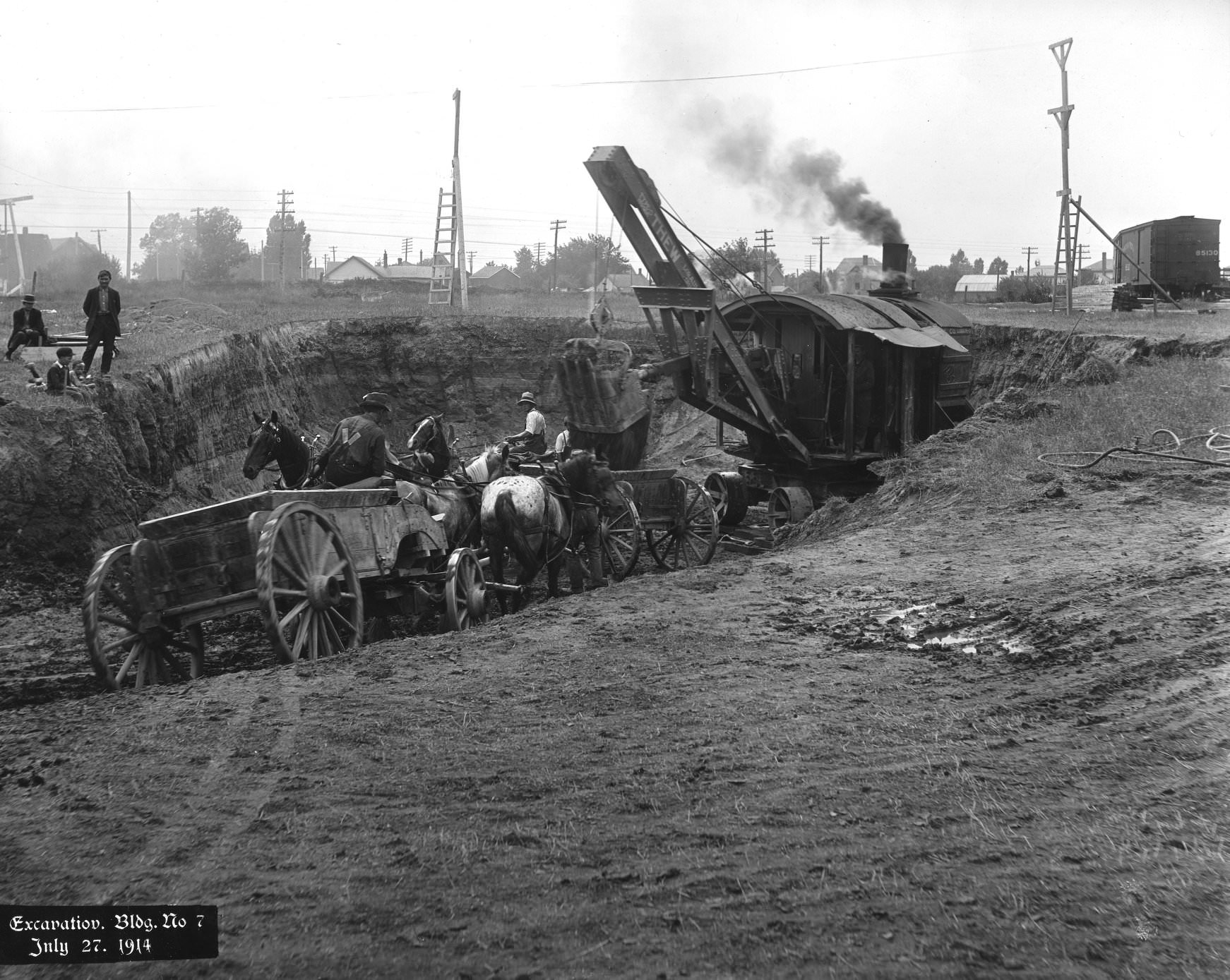 Workers in horse-drawn buggies excavate building 7 of Kodak Heights, Mount Dennis, Toronto. (Eglinton Ave. W. & Weston Rd.), July 27, 1914