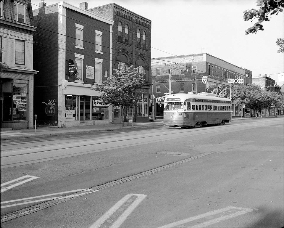 Streetcars along Queen West between Beverley and Peter Streets, 1982