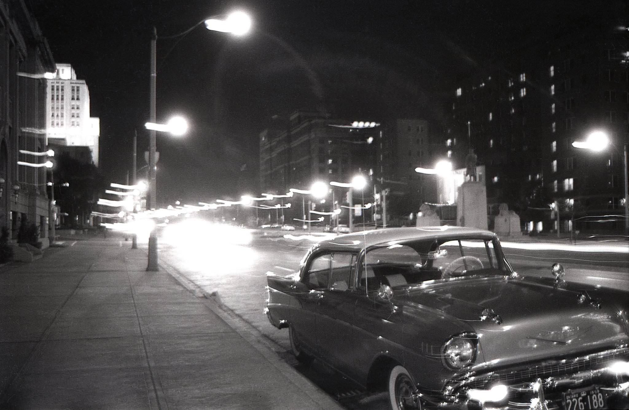 Looking north on University Ave. from the west sidewalk, just below Elm St., 1959.
