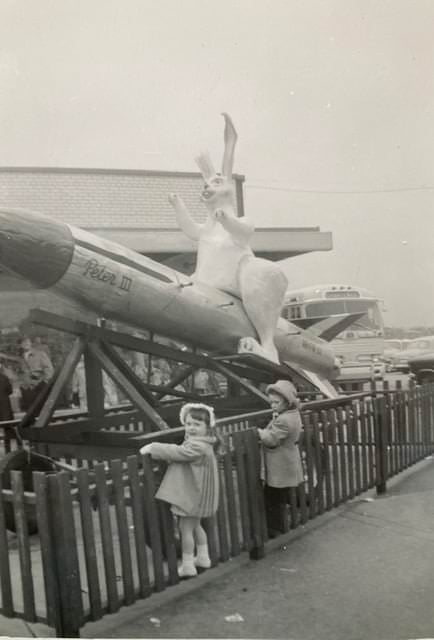 The Easter Bunny visiting Cloverdale Mall at Dundas and the East Mall, which was then called Roydon, in 1957.