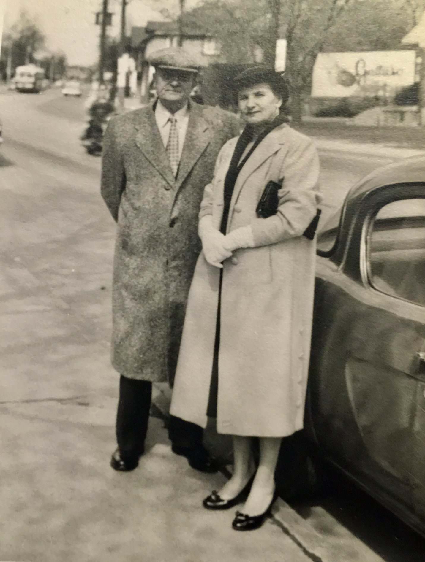 Osvald and Lydia Einer, on Gerrard Street East near Bowmore Road, early 1950s
