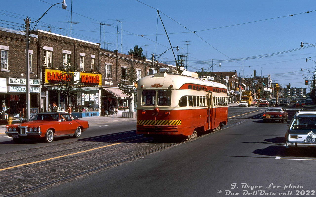 A busy day along Mount Pleasant Road near Manor during the last few days of streetcar operation in July 1976