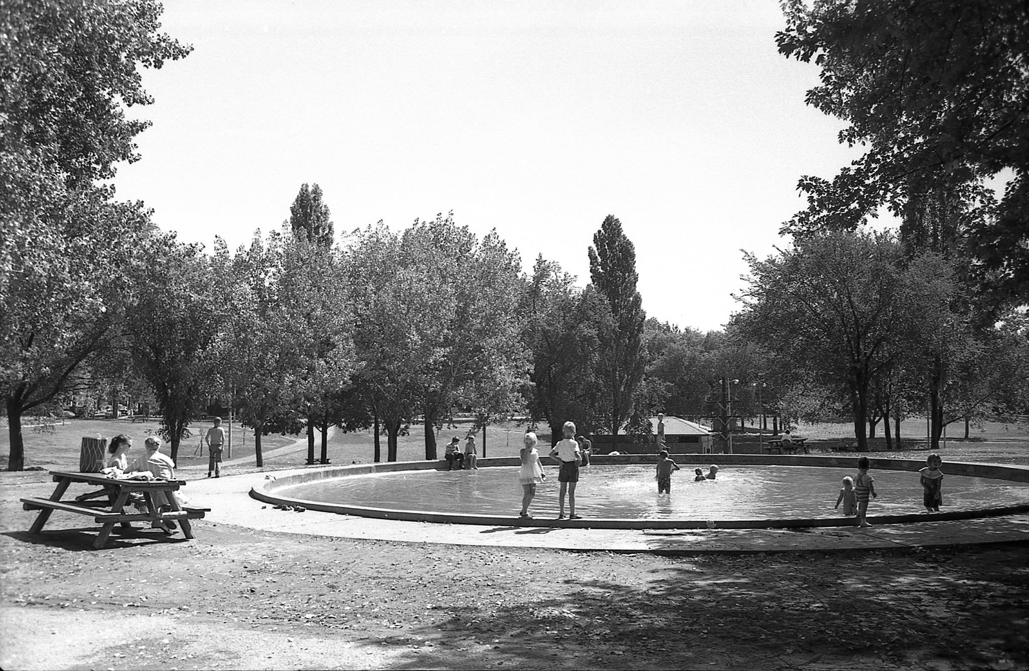 Withrow Park, looking east (ESE) across the park from the wading pool toward the outdoor rink, 1960s