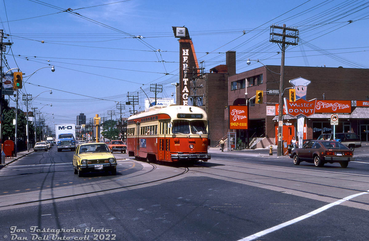 Some TTC PCC action on St. Clair at Vaughan Road back in 1980, complete with an old-school Pizza Pizza on the corner and early Honda Civic