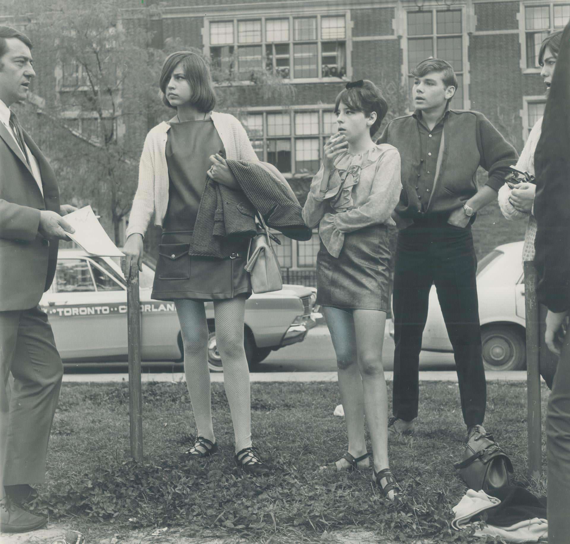 Mini-Skirted girls were among 10 students who walked out of Danforth Technical School yesterday, 1968