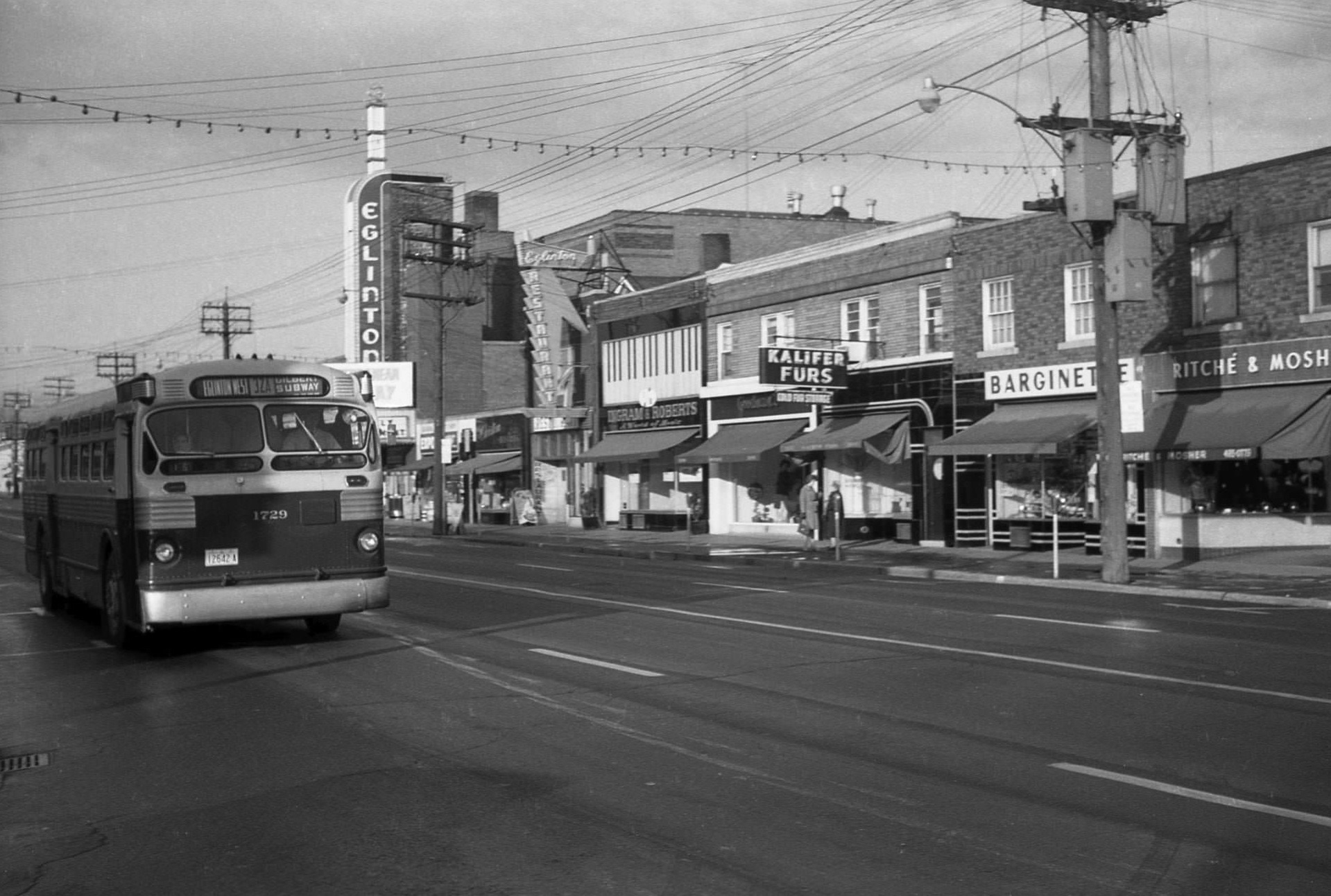 TTC bus 1729 heading east along Eglinton Avenue West in 1964, approaching Avenue Road.