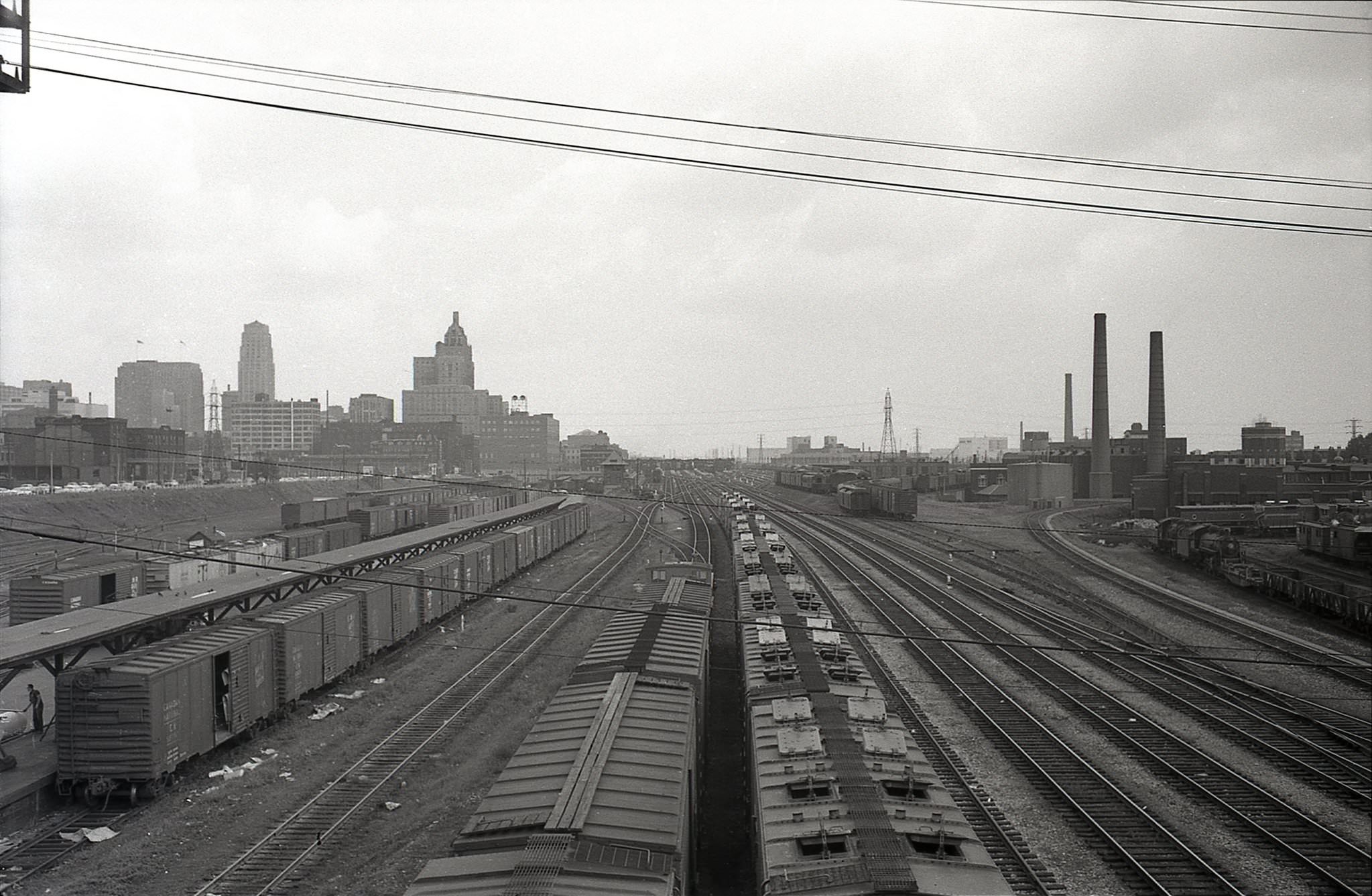 Looking east along the tracks, from the Spadina Avenue bridge, towards downtown, 1960s.