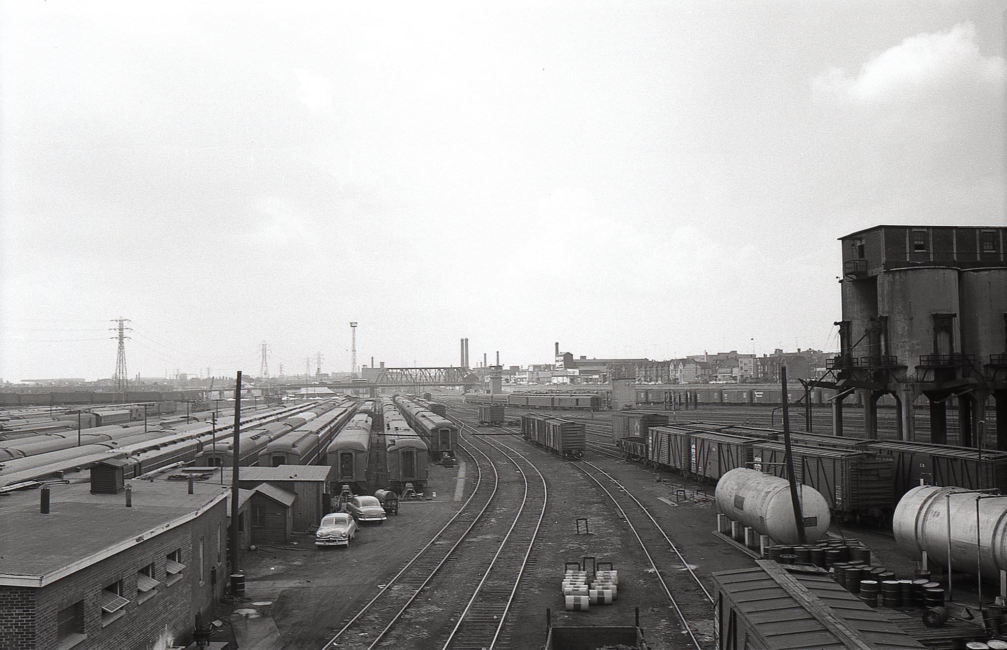 Looking west from the Spadina Ave. bridge along tracks leading to the Spadina Roundhouse (to the east), 1960s.