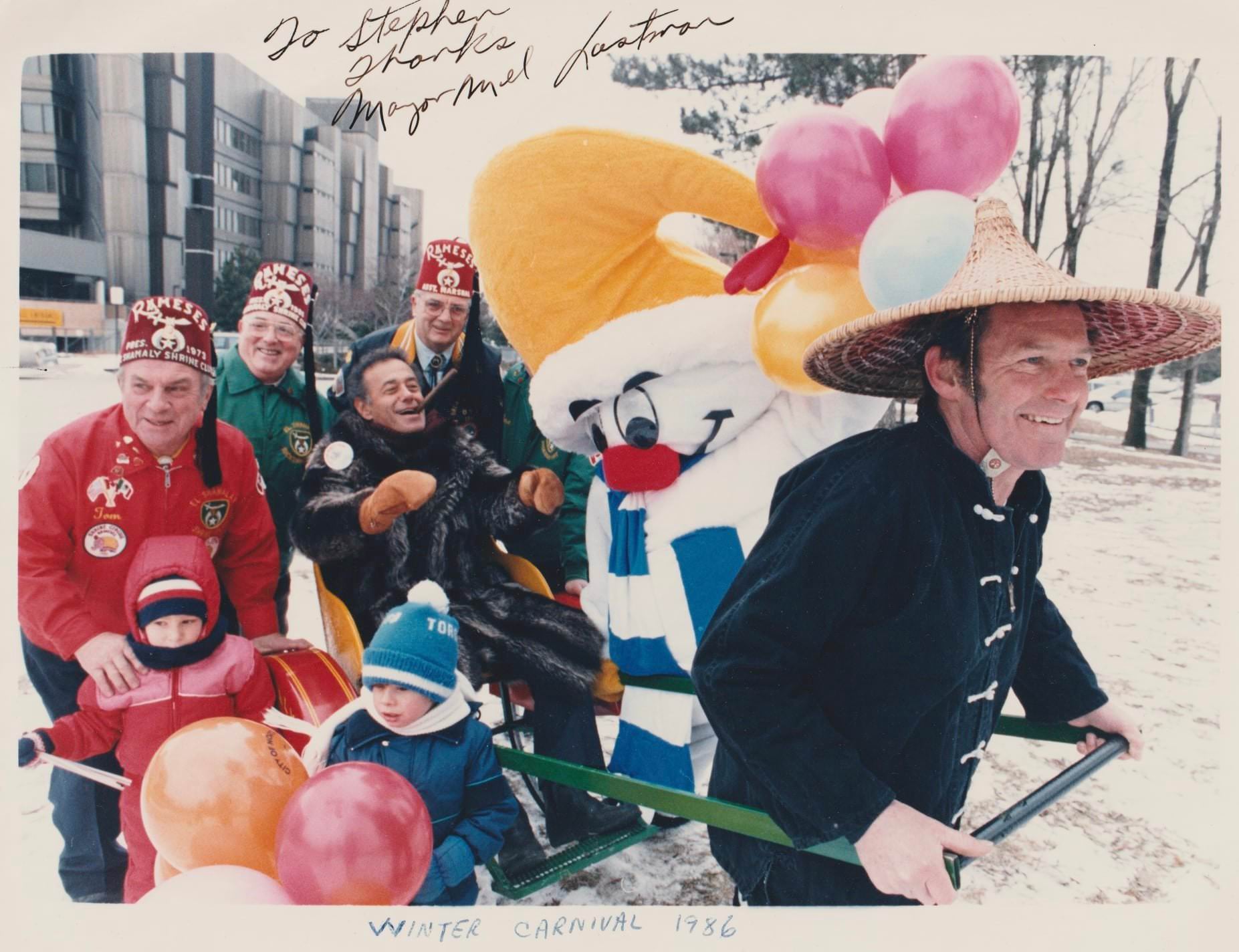 Goodbye Mayor Mel . North York Winter Carnival. Mel, Nork, Shriners, a rickshaw, 1986