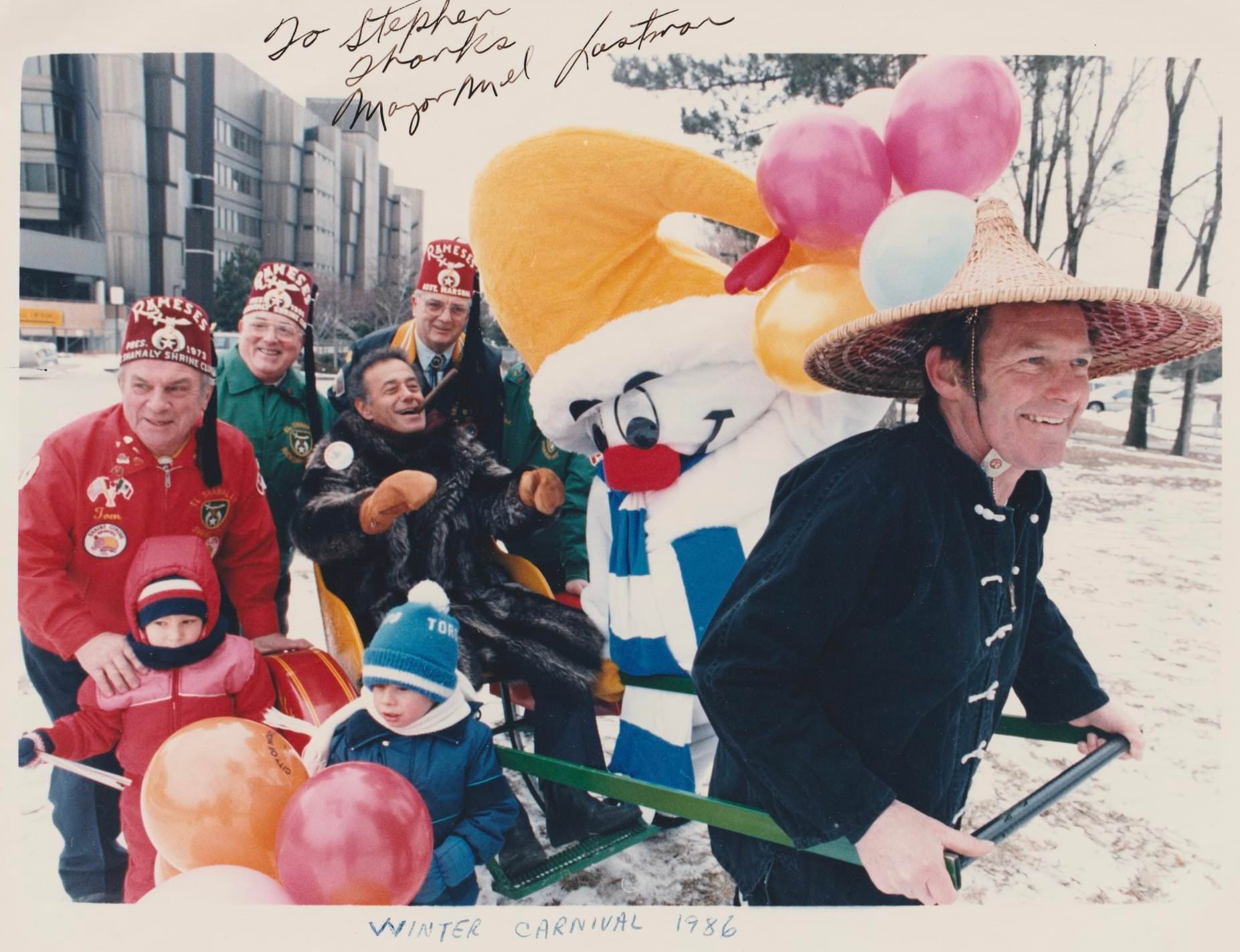 Goodbye Mayor Mel . North York Winter Carnival. Mel, Nork, Shriners, a rickshaw, 1986