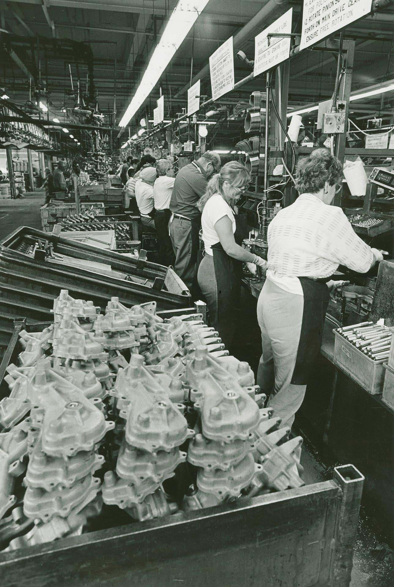 Inglis plant, Strachan Avenue, workers on washing machine assembly line, 1989
