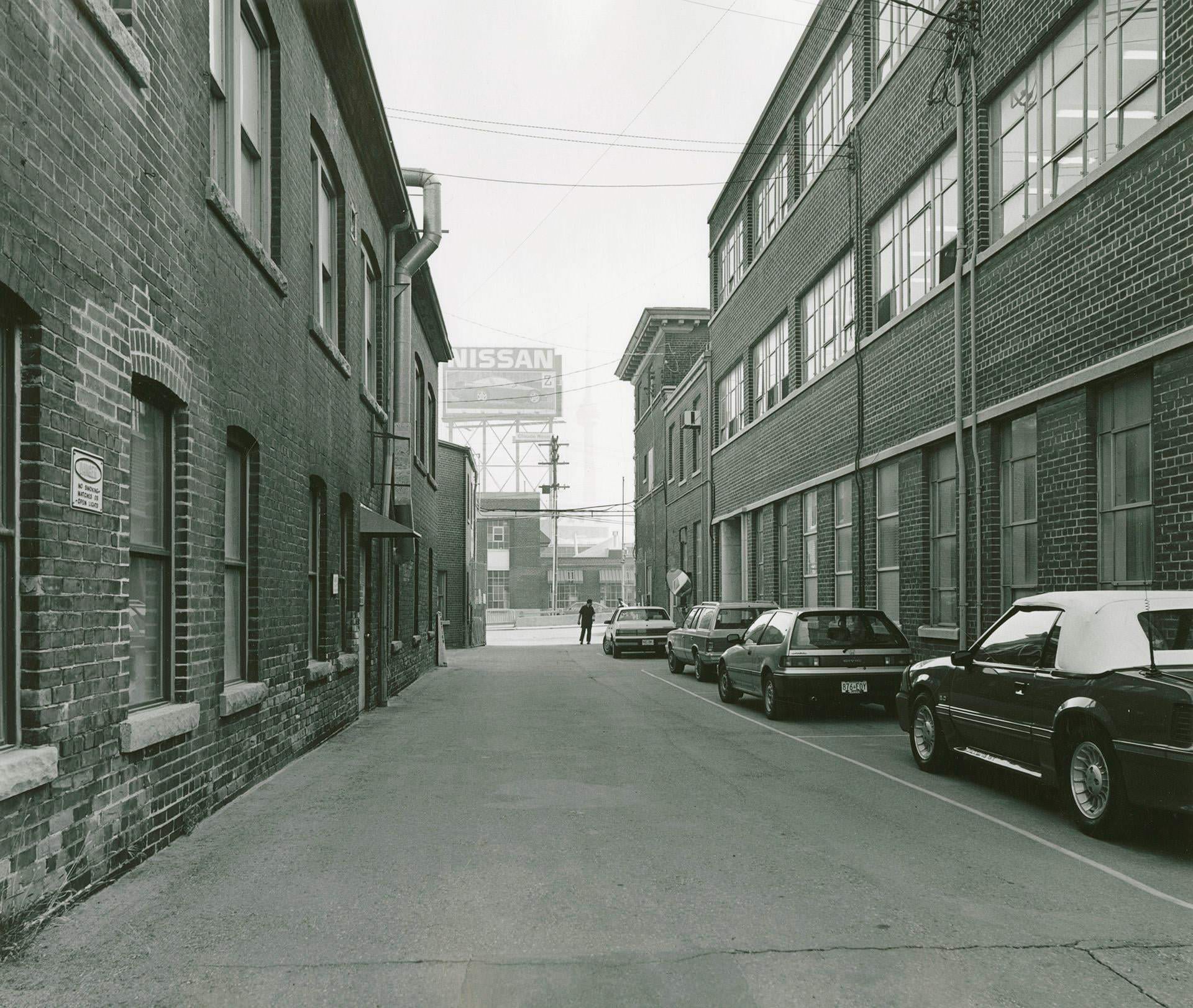 Inglis plant, looking toward main entrance off Strachan Avenue, 1989.