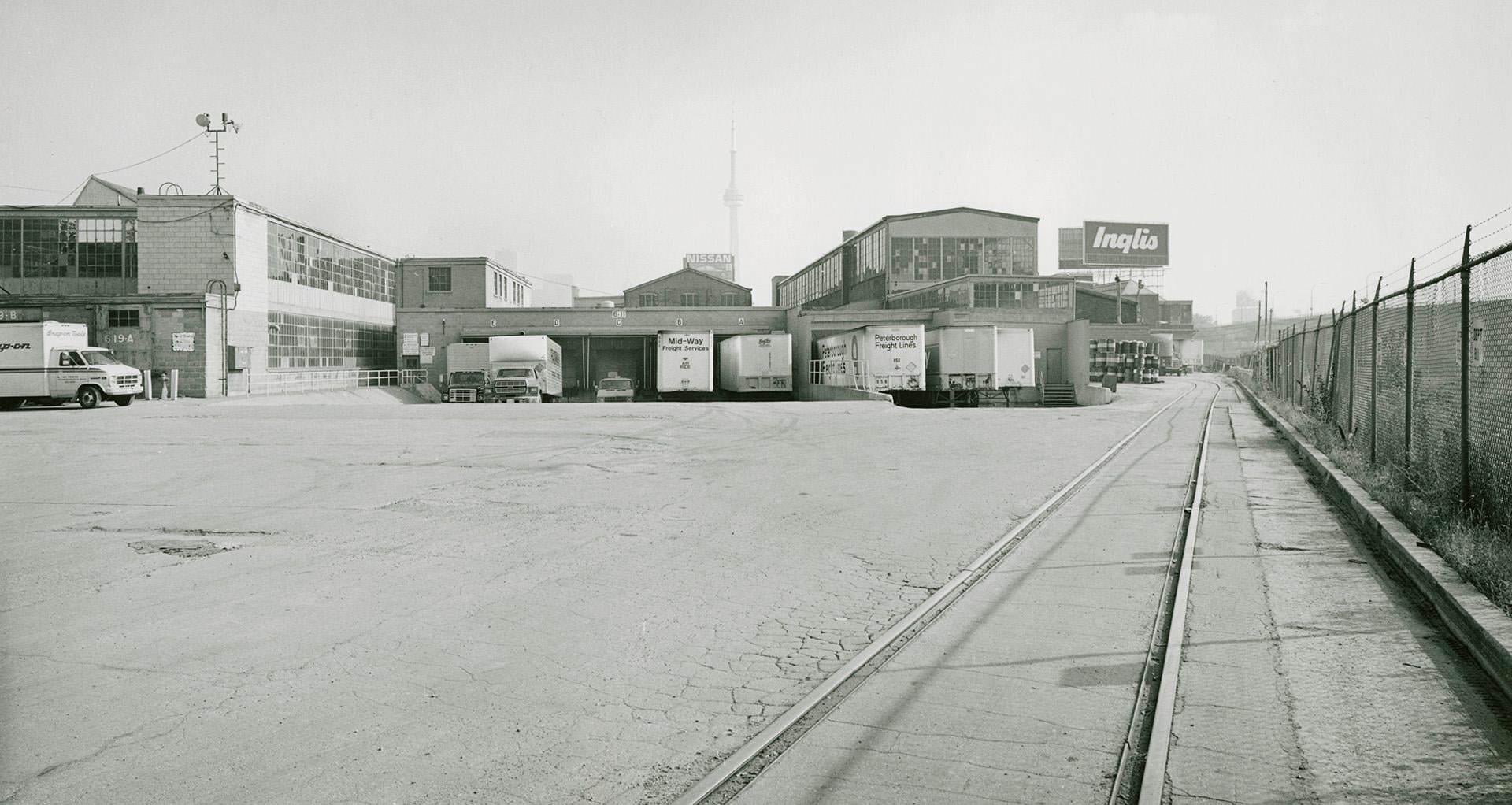 Inglis plant, Strachan Avenue, loading dock, south side next to rail corridor, 1989