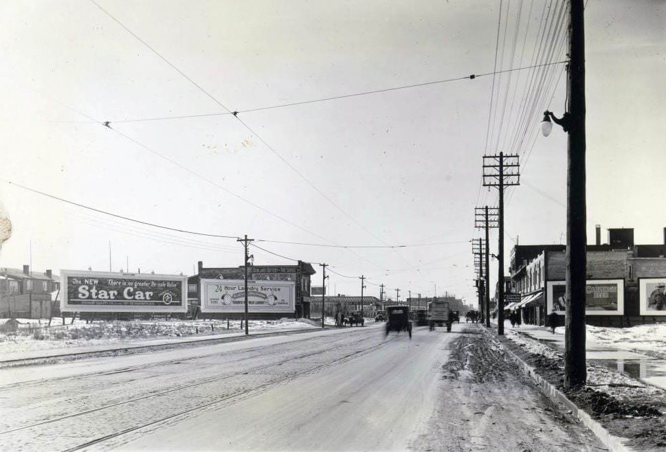 Danforth Avenue, looking west towards Donlands Avenue. Visible in the image is Donlands Battery and Tire Service, 1920s