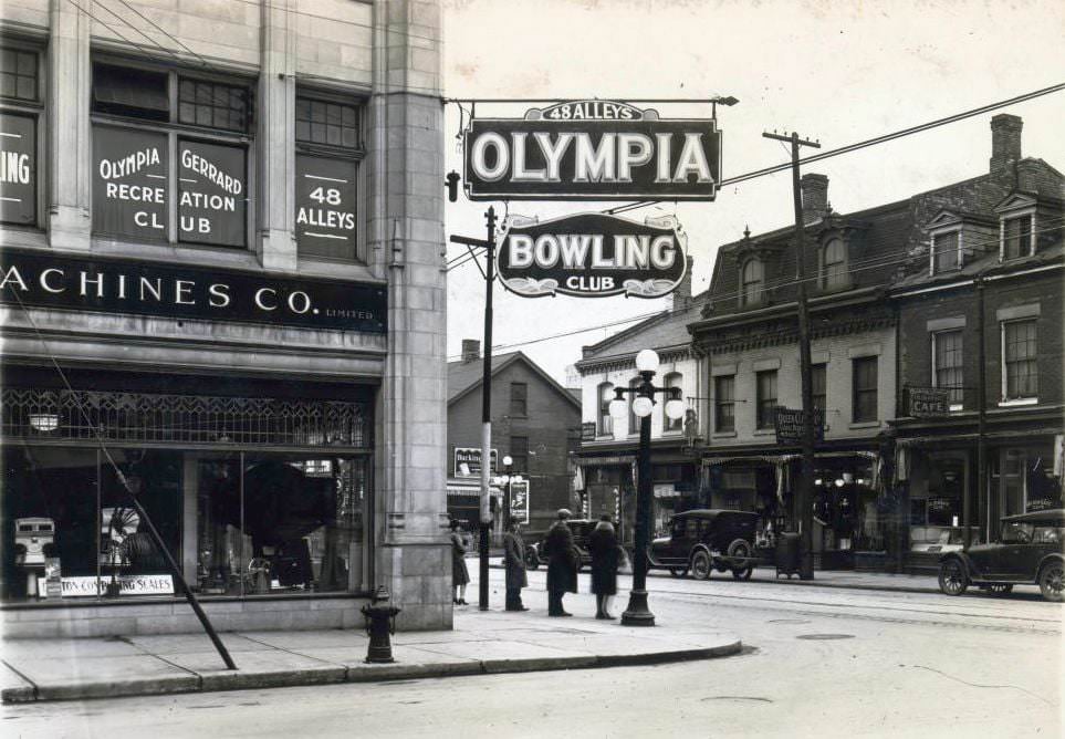 Olympia Bowling Club - Yonge and Gerrard streets, south-east corner. View is looking south-west towards the west side of Yonge Street, 1920s