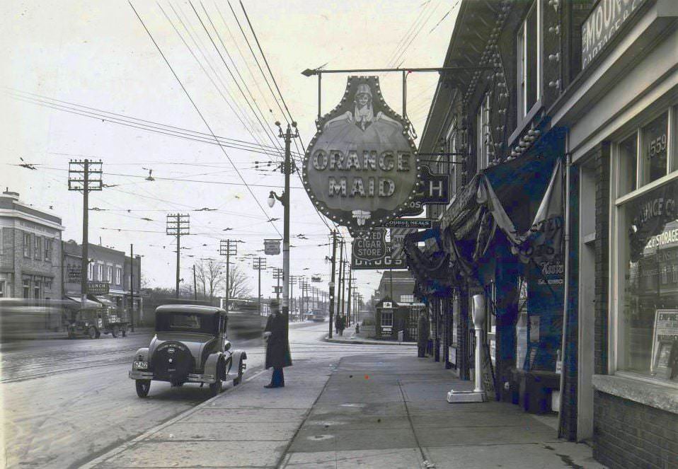 Orange Maid Drink - Danforth Avenue, south side, west of Coxwell Avenue.. View is looking east, 1920s