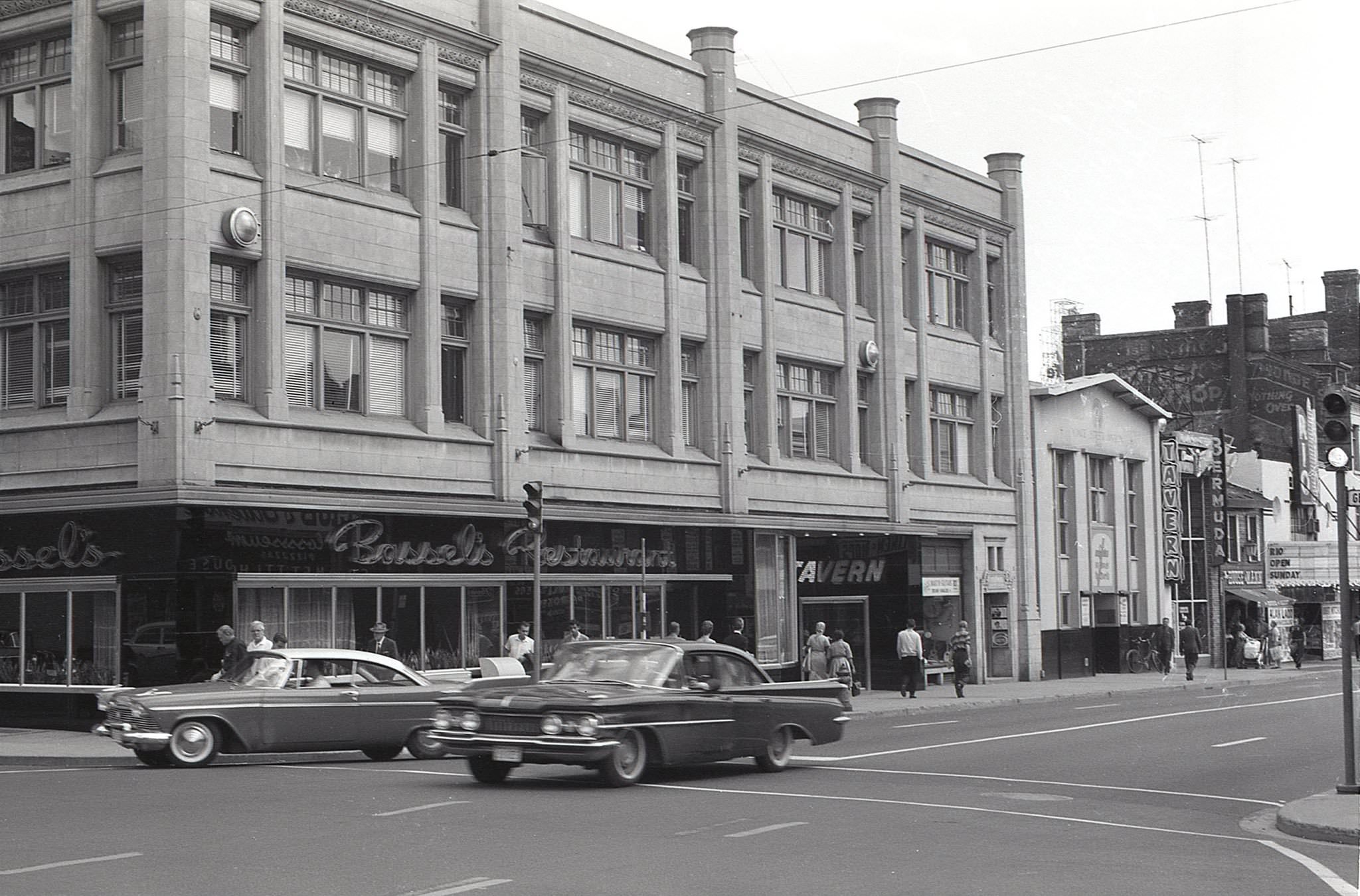 Yonge & Gerrard, looking southeast at 373-391 Yonge, from the Rio Theatre to the Gerrard Bldg. in 1962. All now demolished, with some retained facades to be part of Concord Sky.