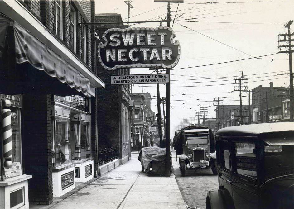 Sweet Nectar Orange Drink - North side of Danforth Avenue, just west of Woodbine Avenue, 1920s