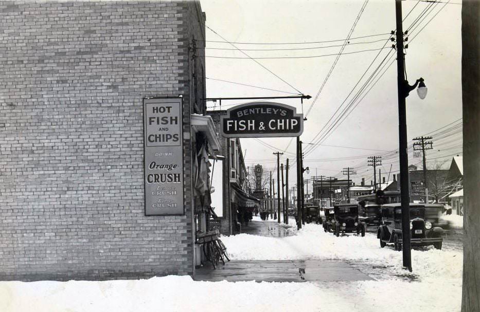 Bentley's Fish and Chips on the north side of Danforth Avenue, near the Grover Theatre, at 2714. View is looking east on Danforth Avenue, 1928